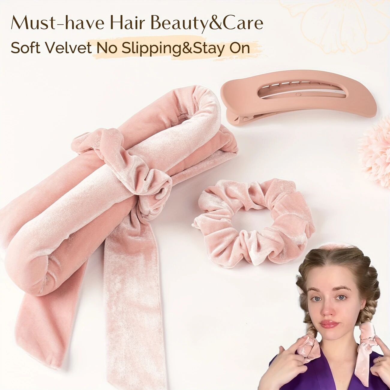   5件套无热卷发器&豪华缎面睡帽 | 春夏季防毛躁海浪，适合所有发型的夜间护理卷发套装 | 高级母亲节礼盒含丝绒直发棒及配饰 详情 9