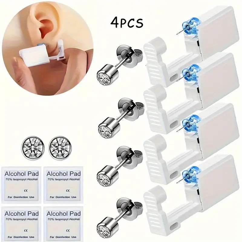 4pcs ear piercing kit with disposable gun cubic zirconia studs stainless steel personal   details 0