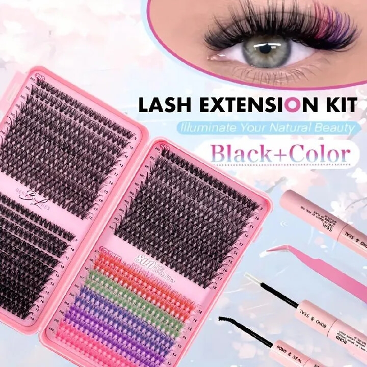 DIY Color Lash Extension Kit , 800pc Fluffy Colored Lash Clusters with D-Curl Eyelashes Volume, Individual Lashes With Lash Bond And Seal Lash Tweezers for Home Salon & Waterproof Wear