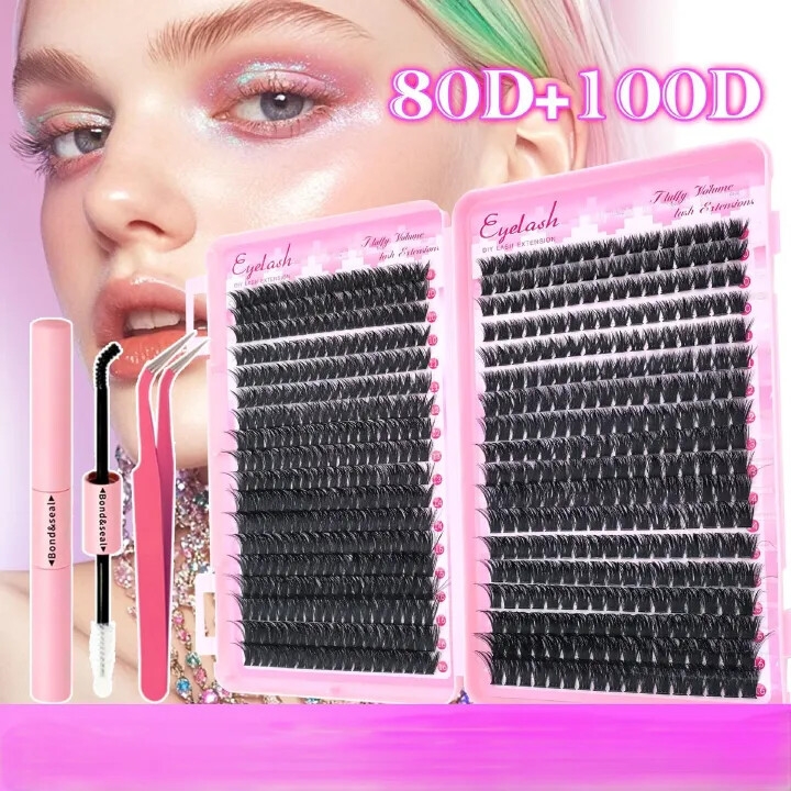 Lash Extension Kit Lash Clusters Kit 640Pcs Volume Eyelash Clusters C Curl Lashes Clusters DIY Cluster Eyelash Extensions With Lash Bond and Seal Lash Tweezers