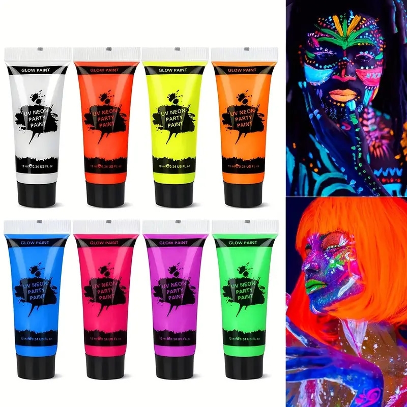 10ml 8 pcs glow in the dark body and face paint uv neon blacklight body paints washable quicker dry fluorescent face body makeup for halloween makeup party fancy dress beauty makeup details 1