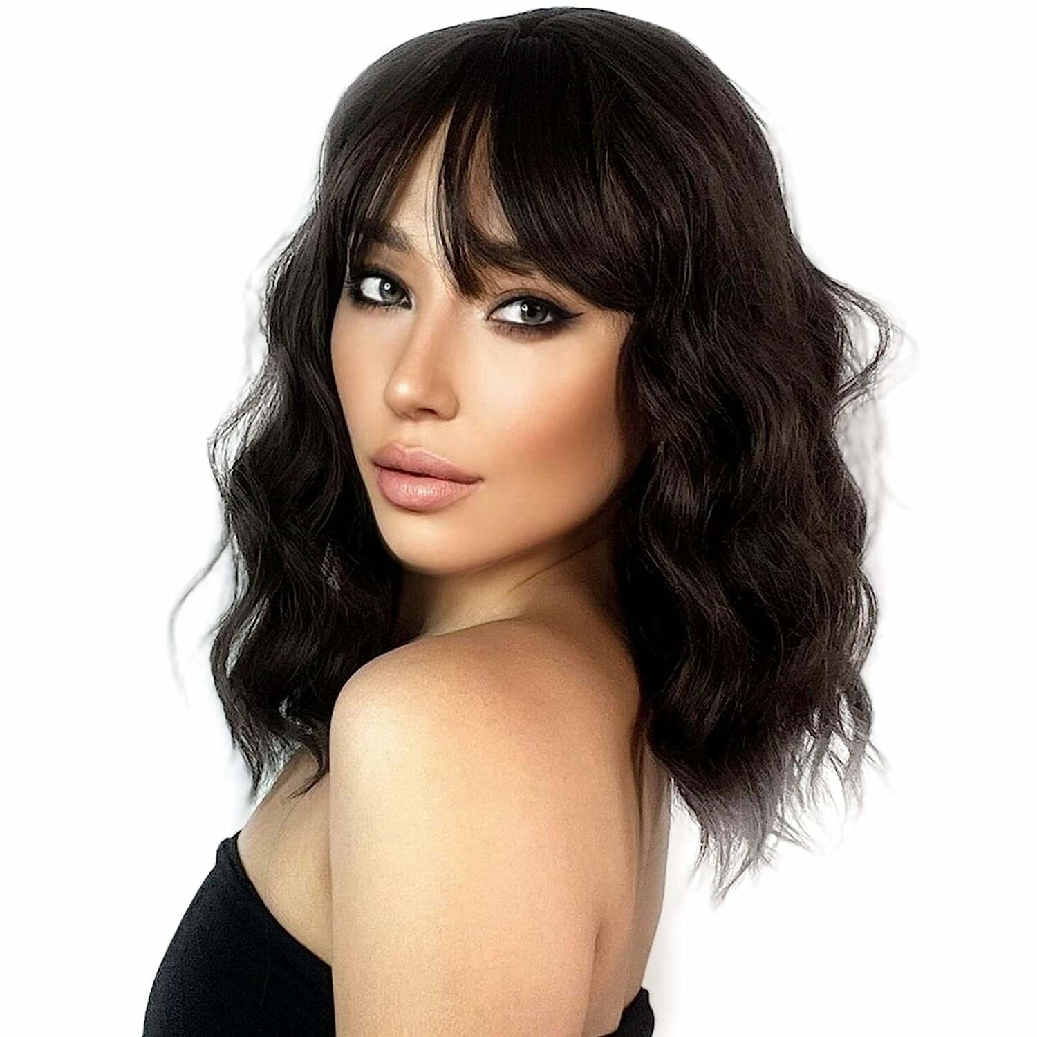DOPI Short Wavy Bob Wig with Bangs, Synthetic Brown Bob Wigs for Women, Natural Looking Heat Resistant Bang Hair Wigs for Daily & Party 12