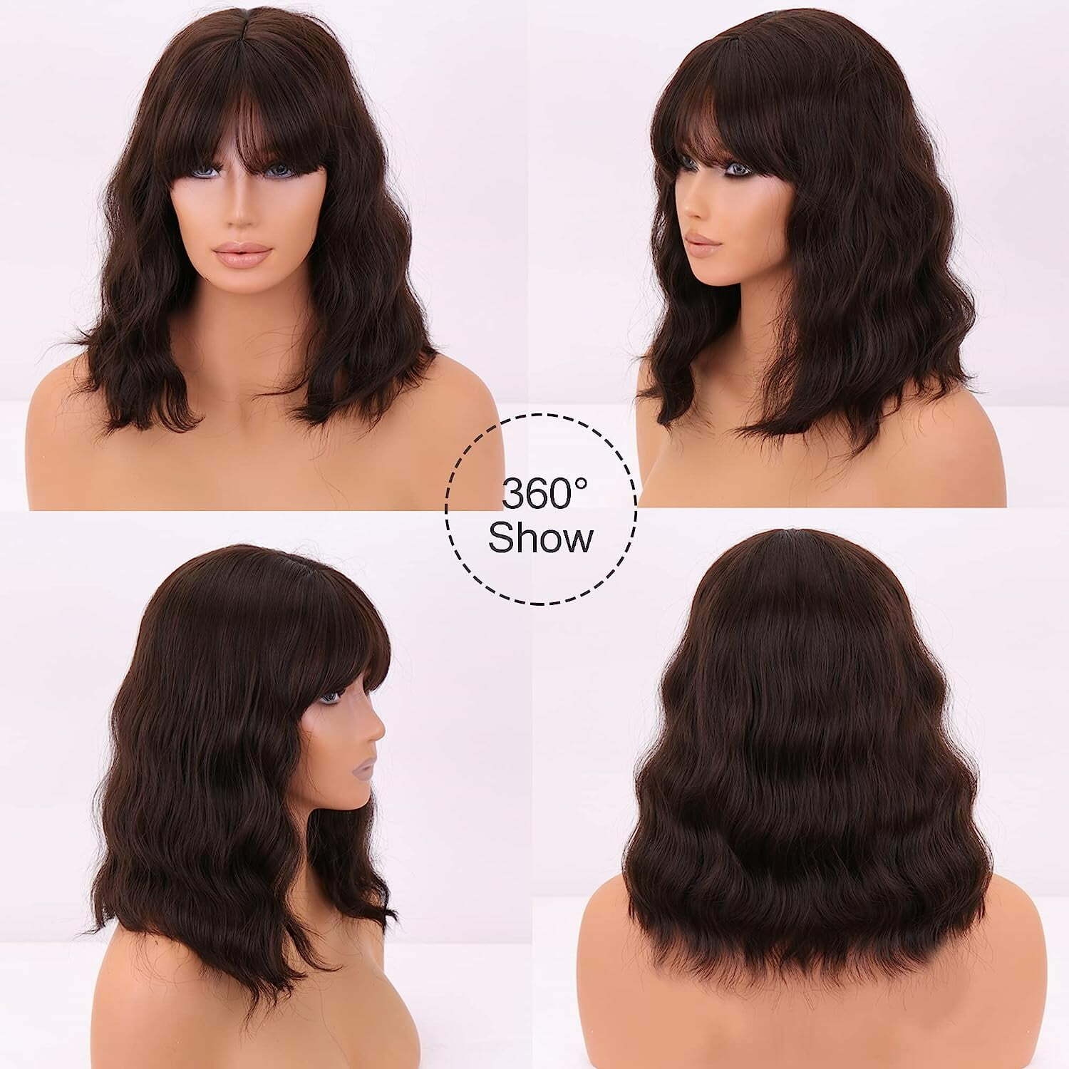 DOPI Short Wavy Bob Wig with Bangs, Synthetic Brown Bob Wigs for Women, Natural Looking Heat Resistant Bang Hair Wigs for Daily & Party 12