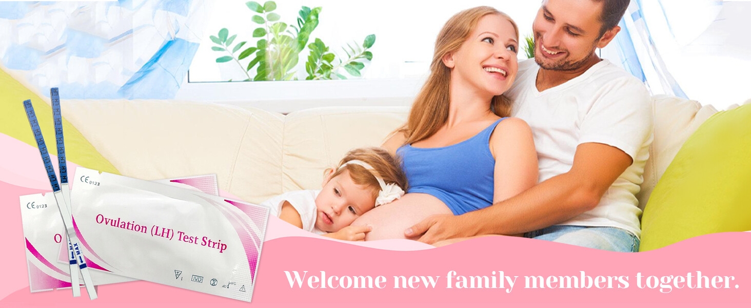 Family scene with parents and baby on a white couch. Decorative elements include colorful pencils and a welcome message for new family members.