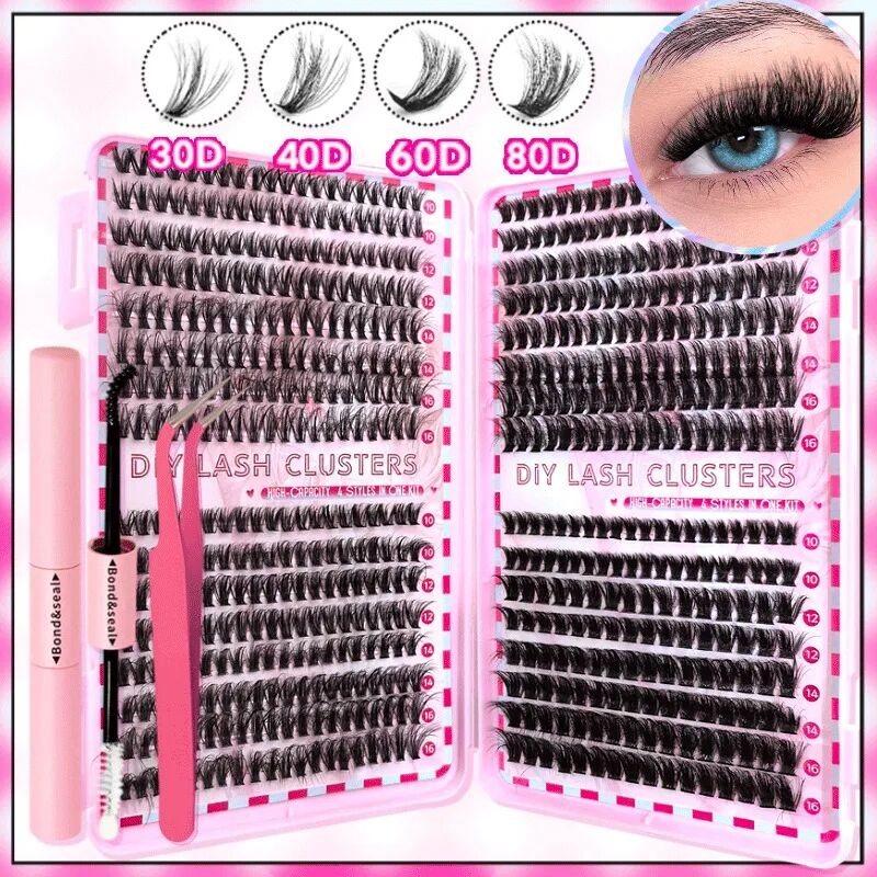 Kit De Faux Cils En Fibre Humaine Dense Avec Colle Style Européen Et Américain Segmented 30P 40P 32 Rows 60P 80P display picture 2