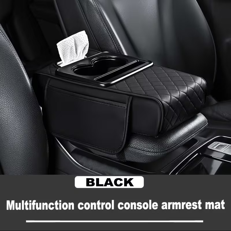 1 pu leather car armrest box heightening pad with cup holder and paper towel box side storage bag multi functional upgrade of car armrest box pad car interior decoration accessories   3