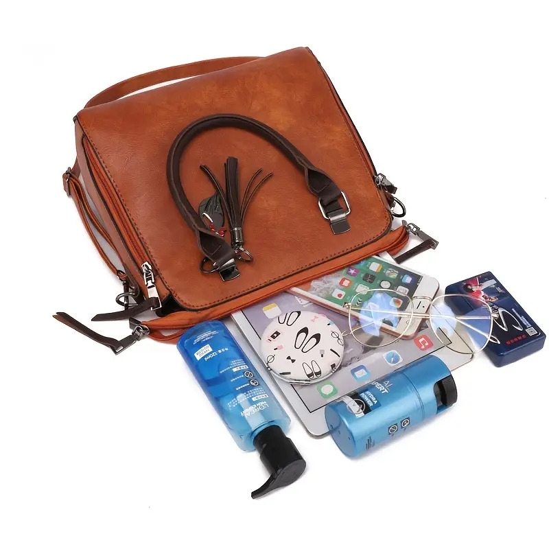 4pcs retro tassel handbag set womens fashion tote bag with crossbody bag clutch bag credit card holder details 3