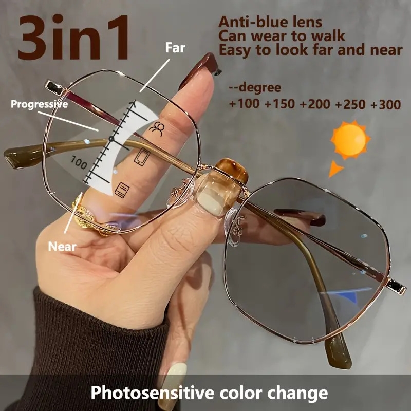 渐进式多焦点+光感变色 - 新款阅读眼镜，时尚防蓝光多边形框架，高清镜片，适合远、中、近视用，可同时看书和行走，度数为+1.0至+3.0