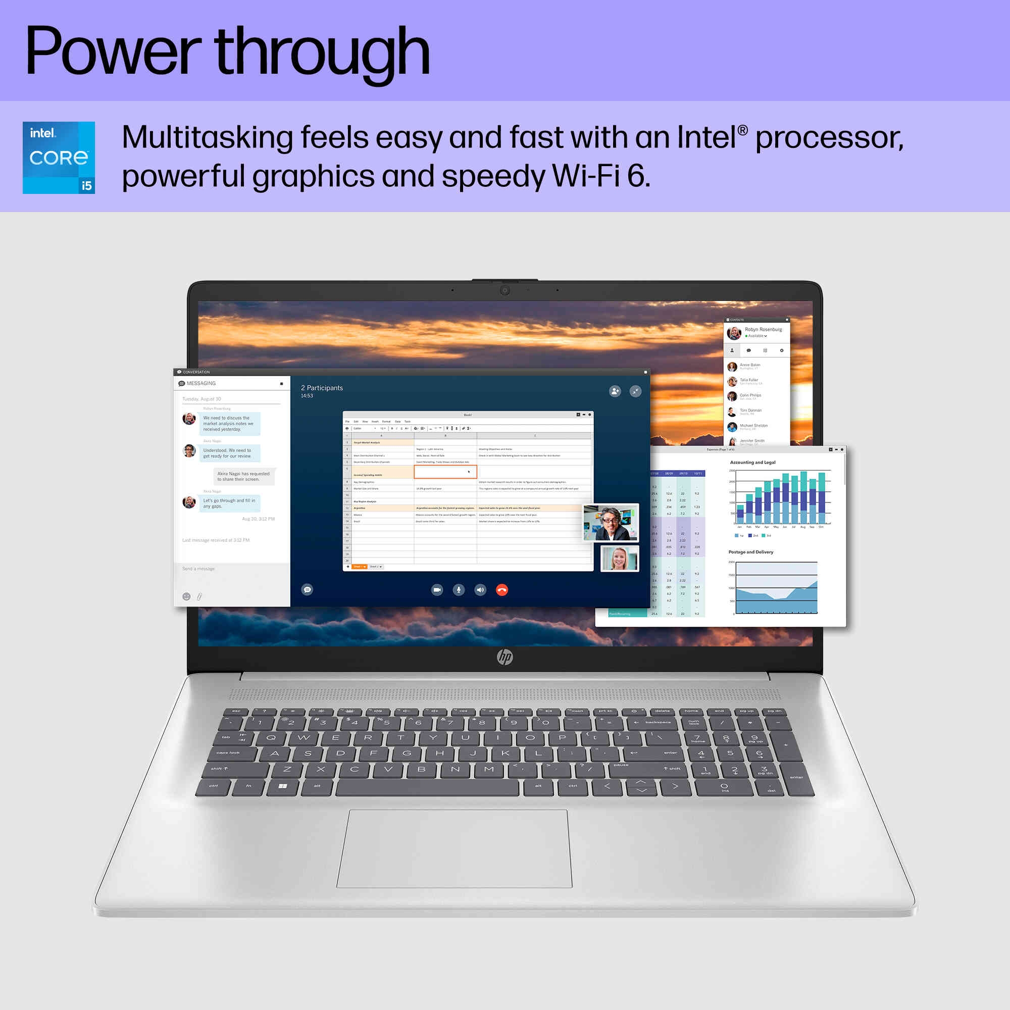 17-inch laptop shows multiple applications with video call
