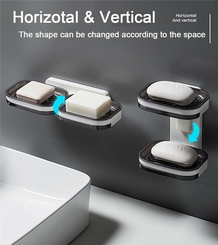 Adhesive Soap Saver Box Case Wall Mounted Bar Soap Holder Double Layer Soap Dish with Draining Tray