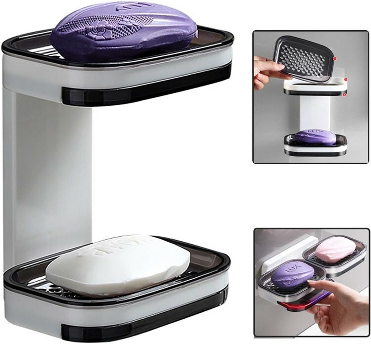 Adhesive Soap Saver Box Case Wall Mounted Bar Soap Holder Double Layer Soap Dish with Draining Tray