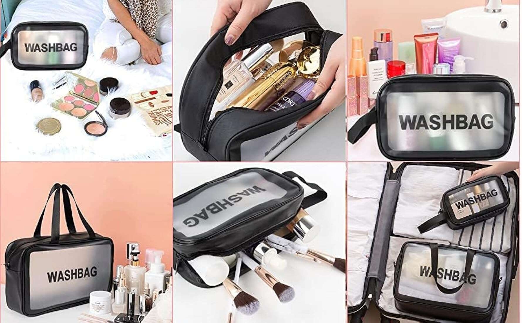 RavSo Clear Toiletry Bag, Wash Make Up Bag PVC Waterproof Zippered Cosmetic  Bag, Portable Carry Pouch for Women Men (Set of 6 Bag Black) : Amazon.in:  Beauty