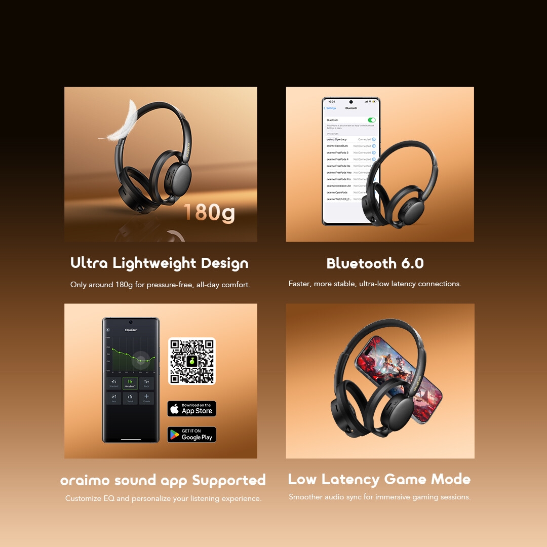 oraimo Open-Ear Wireless Headphones OpenLoop OPN-670N 11 Ultra Lightweight Bluetooth 6.0 oraimo sound app Low Latency Game Mode