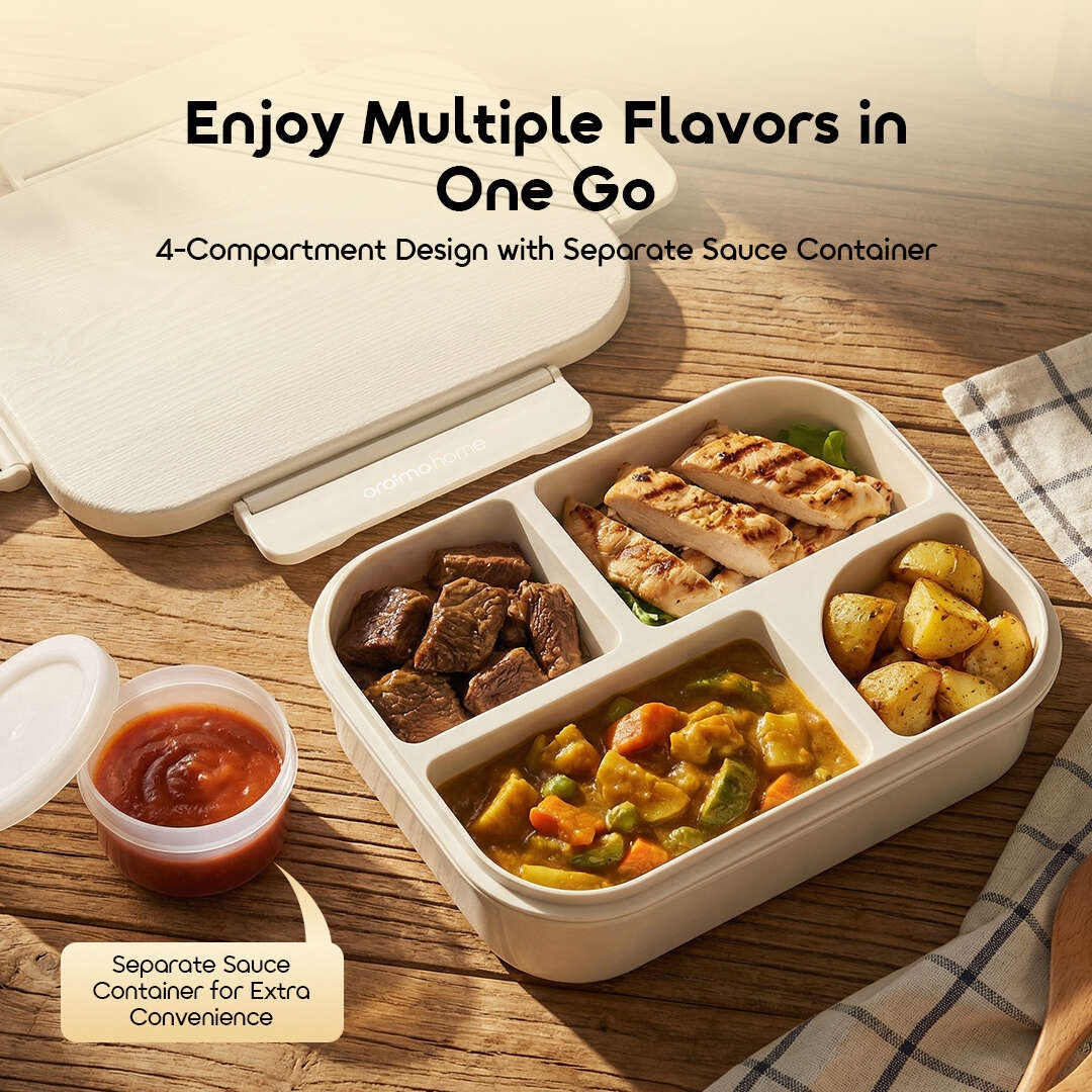oraimo Bento Box FreshBento OHKB-003 4 4-Compartment Design with Separate Sauce Container