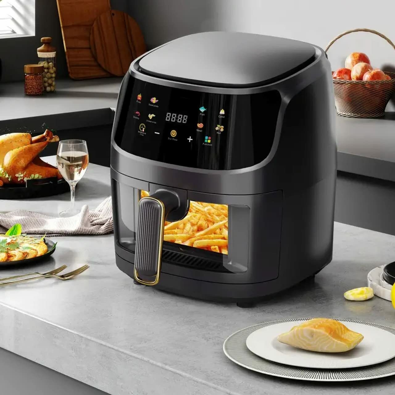 Onprix 8L Visible Glass Window Air Fryer Silver Crest Air Fryer Electric Digital Colour Touch Screen Air Fryer Oven : Amazon.in: Home & Kitchen
