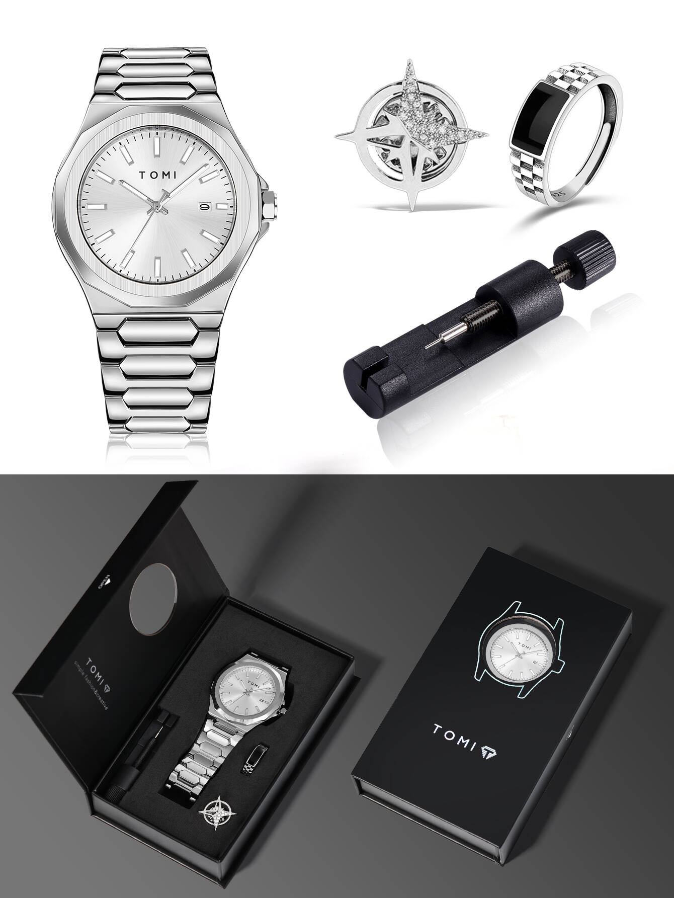 TOMI Luxury Business Men's Watch Gift Box Set High Quality Rose Gold Case Simple and Versatile Quartz Watch Relogio Masculino