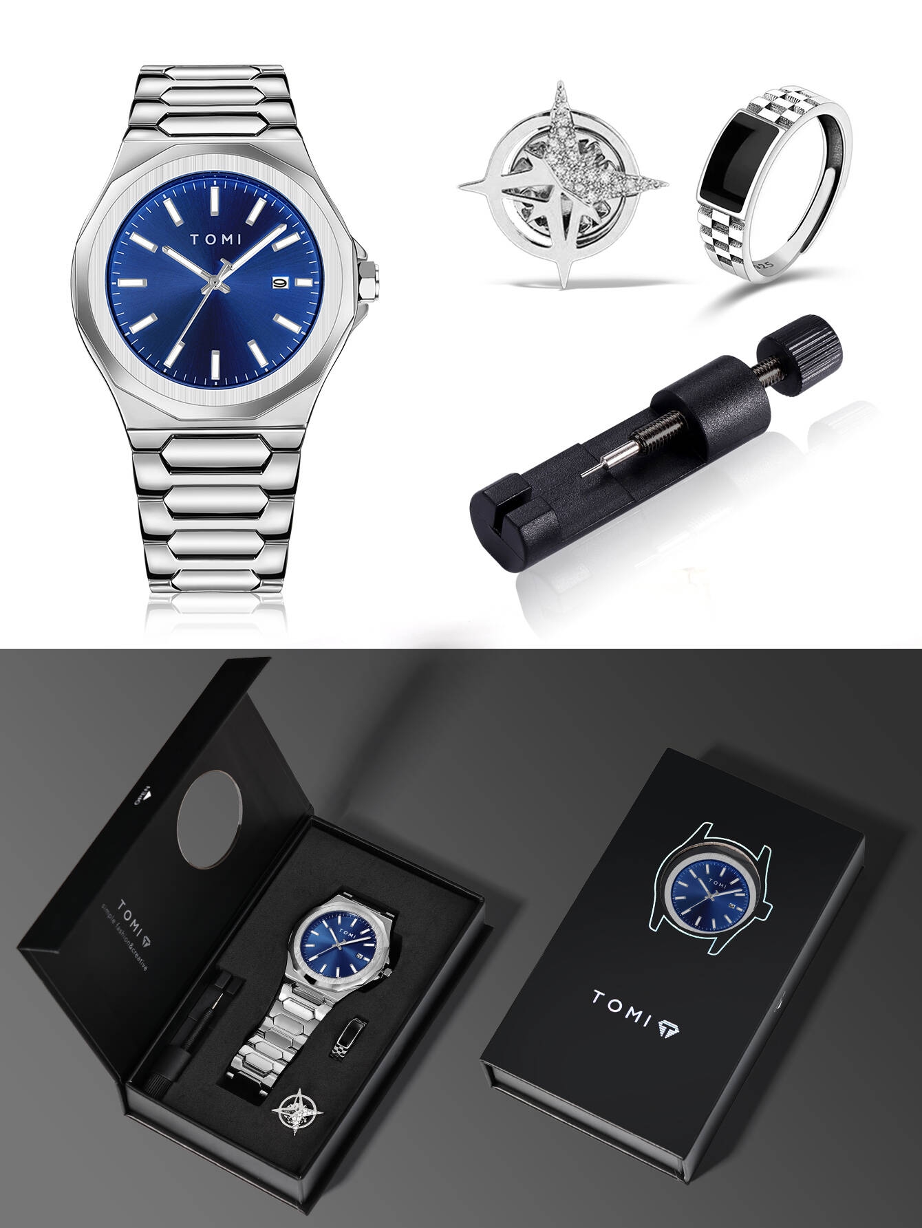 TOMI Luxury Business Men's Watch Gift Box Set High Quality Rose Gold Case Simple and Versatile Quartz Watch Relogio Masculino