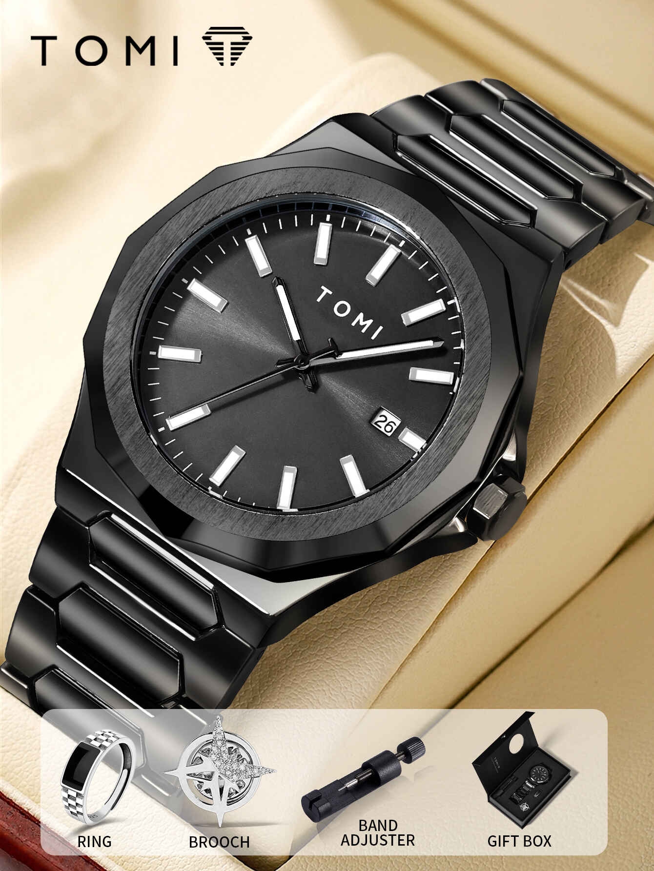 TOMI Luxury Business Men's Watch Gift Box Set High Quality Rose Gold Case Simple and Versatile Quartz Watch Relogio Masculino