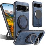 Google Pixel 9 Pro XL High Quality Leather Case,Wireless charging support, Magsafe 360 degrees Ring Bracket Kickstand shell - Blue