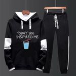 product_image_name-Fashion-Men's Sports Printed Hoodie With Patchwork Design, Long-Sleeved Casual Two-Piece Set - Black - EU L-1