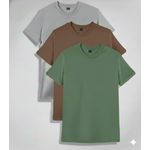 3PCS Unisex Light Grey Brown Army Green Round Neck T-shirts 