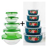 product_image_name-Generic-5piece Heat Resistant Thick Glass Bowl set & 5pc Flower Print Enamel bowls with plastic lids - Green & Blue-1