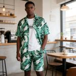 product_image_name-Fashion-Men's Flower Button Down Short Sleeve Shirt and Shorts-Green-3