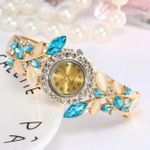 Lvpai Deyuer Luxury Women's Rhinestone Leaf Bangle Watch-Blue