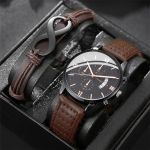 product_image_name-Fashion-2 Pieces Men's Watch and Bracelet Set Leather Strap Wrist Watches Brown-1