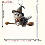 Magic Cat On Broomstick Acrylic Keychain - Perfect For Car Rearview Mirror & Backpack