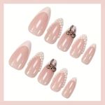 product_image_name-Generic-24pcs Almond Shape Press On Nails with White Nail Tip, 3D Pearl and 3D Silvery Bow Design Suitable for Women-2