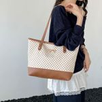 GALUIN Beige vintage monogram tote bag, brown leather patchwork large capacity shoulder bag - image 2
