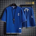 product_image_name-GALUIN-GALUIN T-Shirts +Shorts 100% Cotton Men's Short Sleeve Set- Blue-1