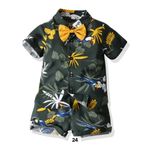 Boys' Tropical Toucan Print Shirt & Shorts 2-Piece Set with Bow Tie- Dark Charcoal / Forest Green