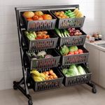 4-Tier Double-Row Vegetable & Fruit Storage Rack with Wheels - 8 Baskets Mobile Kitchen Produce Stand (Black)