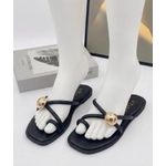 Women's Square-Toe Toe-Loop Flat Slides with Metallic Accent.