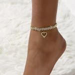 Light Luxury Heart Full Diamond Anklet, High Color Retention Gold Plated, Sexy Shining Beach Ankle Chain