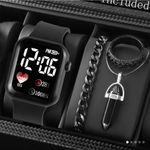 product_image_name-Generic-4pcs × Unisex Fashion Sports And Leisure LED Digital Electronic Silicone Watch & Bracelet Necklace Metal Ring Set (Black)-1