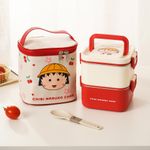 Generic 2-Layer Portable Microwaveable Lunch Box Set with Cutlery & Carry Bag - Beige - image 5