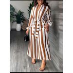 product_image_name-Fashion For Life-Women's Striped V-Neck Long DressWith Long Sleevee & Bealt- Versatile Outdoor Beach Party Casual - White/Brown-1
