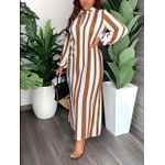 product_image_name-Fashion For Life-Women's Striped V-Neck Long DressWith Long Sleevee & Bealt- Versatile Outdoor Beach Party Casual - White/Brown-2