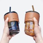 Two pieces Gorgous Leather Wrapped Glass Tumbler With Straw and Lid - Brown