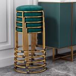 product_image_name-Generic-1Pc Round Velvet Metal Kitchen Home Stool Stackable- Green/Gold-2