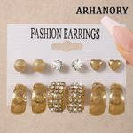product_image_name-ARHANORY-6 Pairs Women Earrings of Diamond Circular Earrings Heart Shaped Stylish Stud Earrings - Gold-1