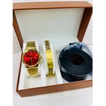 Quartz 3pcs × Men'S Luxury Stainless Steel Watch with Bracelet & Quality Leather Belt - Occasions Watch with Luminous Features, Waterproof - Men's Gift Movement Wristwatch) Gold with Red Screen