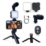 product_image_name-Generic-Tripod Phone Stand With Clip And Microphone Kit & LED Light - BlackFor Video Recording-3
