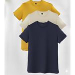 3PCS Unisex Round Neck Pure Cotton Short-Sleeved T-shirt - 3 Pieces - Yellow / Cream / Blue Black