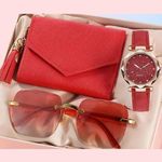 product_image_name-Fashion-3pcs/set Women's Elegant Red Round Wrist Watch And Wallet Glasses Gift - Red-1