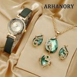 product_image_name-ARHANORY-4pcs/set Women Quartz Watch Luxury Wristwatch Elegant Versatile Necklace Ring Earrings Jewelry - Green-1