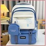 Fashion Trendy Color-Block Nylon Backpack for Students & Commuters - 2-in-1 Set with Mini Bag - Lightweight & Water-Resistant - Blue
